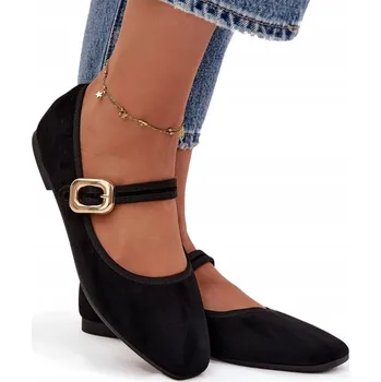 Dámská obuv Dámské baleríny z eko semiše, ploché, s PÁSEK se zlatou sponou, černé, velikost 41