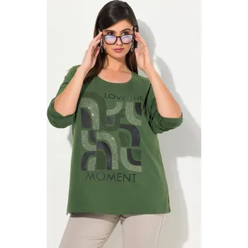 Dámské tričko Ulla Popken, Plus size Tričko, grafický potisk, Classic, kulatý výstřih, dlouhé rukávy pro plnoštíhlé nadměrná velikost, 834783430-1129, zelený, 46/48, Nadměrné velikosti, Plus size oblečení, Oblečení pro boubelky, Oblečení pro baculky, Oblečení pro plnoš