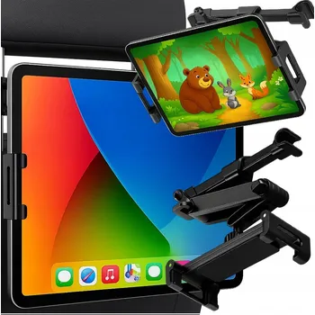 Flexibilní černý držák do auta na tablet a telefon, montáž na opěrku hlavy