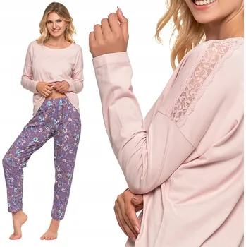 Dámské pyžamo Dámské pyžamo s jemnou krajkou, dlouhý rukáv, kalhoty s květinovým vzorem MORAJ 3XL