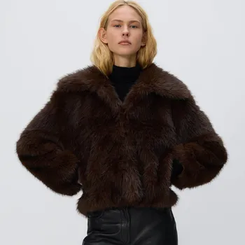 Reserved umělý kožich s límcem tmavě hnědá L