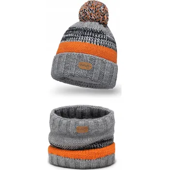 Čepice Dětská zimní souprava šedá: Zateplená Čepice s bambulí a Nákrčník