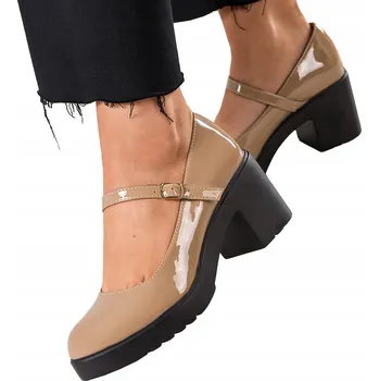 Dámské lodičky Lodičky Béžové Lakované Pásek Mary Jane Na Širokém Podpatku Blokovém Vel. 39