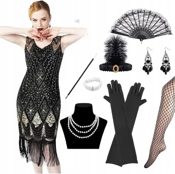 Karnevalový kostým DÁMSKÉ DOPLŇKY RETRO GATSBY KE ŠATŮM 20. LÉTA KARNEVAL VĚJÍŘ KOSTÝM Černá Dámské