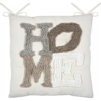 Podsedák POLŠTÁŘ NA ŽIDLI S VAZÁNÍM BAVLNĚNÝ BÍLÝ S NAPISEM HOME 45 x 45 cm