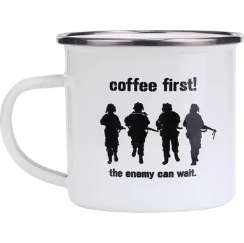 Kempingové nádobí Hrnek smalt COFFE FIRST bílý