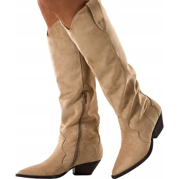 Dámské kozačky KOZAČKY Béžové Dámské KOVBOJSKÉ BOTY Pohodlné Široký Svršek Zkosený Klocek vel. 40
