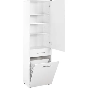 Komoda Skříňka TRISUL s košem na prádlo/potraviny, lesklý bílý lak + PROVĚŘENO zákazníky + vyzvednutí ZDARMA