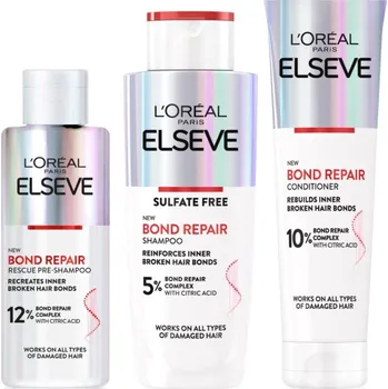 Kosmetická sada L’Oréal Paris Elseve L’Oréal Paris Elseve Bond Repair před-šamponová péče s regeneračním účinkem 200 ml + L’Oréal Paris Elseve Bond Repair regenerační šampon pro poškozené vlasy 200 ml + L’Oréal Paris Elseve Bond Repair regenerační balzám pro posílení vla