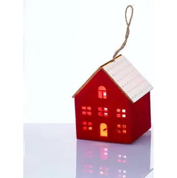 Vánoční dekorace ACA Lighting Vánoční závěsná dekorace červený plstěný domek s dřevěnou střechou 1 MINI LED teplá bílá na baterie 3xAG10 (součástí) 8x8x9,6cm X06119259