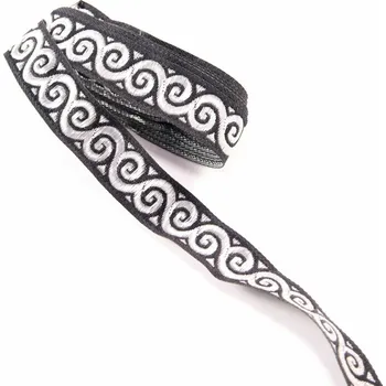 Stuha Černý prýmek se stříbrnými vlnami - černá, strříbrná - šíře 1,5 cm