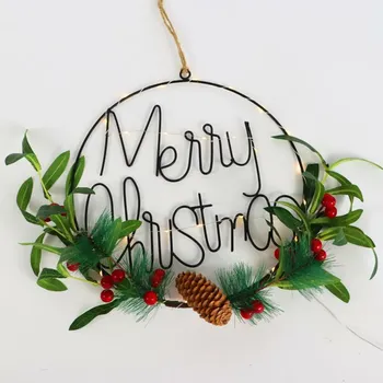 Vánoční dekorace ACA Lighting Vánoční závěsná dekorace kruh MERRY CHRISTMAS 30 LED kov+umělé rostliny na baterie 2xCR2032 teplá bílá IP20 30cm X07301664