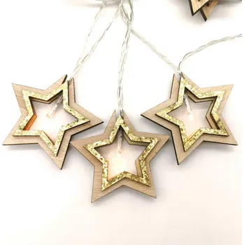 Vánoční dekorace ACA Lighting dřevěné zlaté hvězdy, 10 LED dekorační řetěz na baterie (3xAA), WW, IP20, 135+30cm, čirý přívodní kabel X061011206B