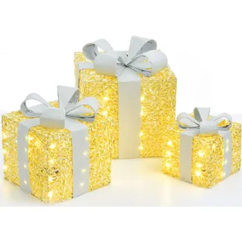Vánoční osvětlení ACA Lighting zlatá hedvábná sada dárkové balíčky, 20+30+40 WW mini LED na baterie 3x3xAA IP20 18,24,30cm X1190115