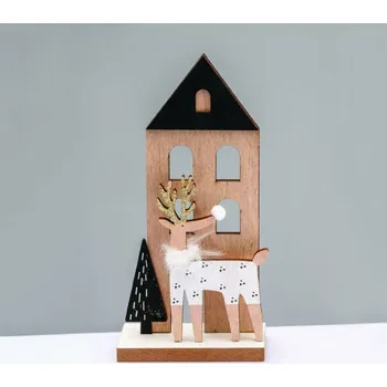 Vánoční dekorace ACA Lighting Vánoční dřevená dekorace jelen se stromem a domem 19x5x9cm X061965