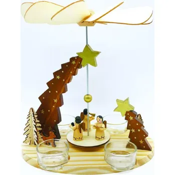 Vánoční dekorace ACA Lighting Vánoční dekorace dřevěná pyramida na čajové svíčky s anděly 21x13.5x22cm X152203