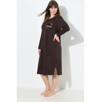 Dámská noční košile Ulla Popken, Plus size Noční košile, saténová náprsní kapsa, kulatý výstřih, dlouhé rukávy pro plnoštíhlé nadměrná velikost, 821917110-1131, hnědý, 54/56, Nadměrné velikosti, Plus size oblečení, Oblečení pro boubelky, Oblečení pro baculky, Oblečení pro pl