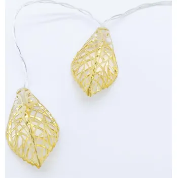 Vánoční dekorace ACA Lighting kovové listy, 10 LED dekorační řetěz na baterie (3xAA) + časovač (6ON/18OFF), teplá bílá, zlatá, kov, IP20, 135+30cm čirý přívodní kabel FMGLEAF10WW2AT