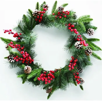 Vánoce ACA Lighting vánoční adventní věnec PVC bobule a šišky 50cm průměr X165012