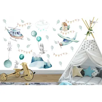 Samolepící dekorace Nálepka na zeď s letadly a zajíčky 60 x 120 cm