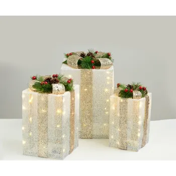 Vánoční světelná dekorace ACA Lighting bílá+stříbrná sada dárkové balíčky, šampaň zlatá 20+30+40 WW mini LED na baterie 3x3xAA IP20 30,36,41cm X11901116