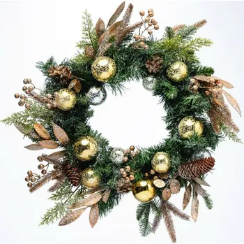 Vánoce ACA Lighting vánoční adventní věnec bobule a zlaté ornamenty 60cm průměr X096017