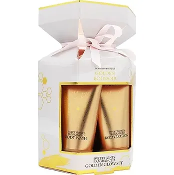 Kosmetická sada The Indulgent Bathing Co. Golden Boudoir dárková sada sprchový gel 50 ml + tělové mléko 50 ml + sprchová houba