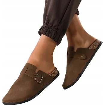 Dámská obuv NAZOUVÁKY Dámské čokoládové pantofle s profilovanou podrážkou - pohodlné, ploché, s přezkou, velikost 37