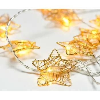 Vánoční dekorace ACA Lighting kovové hvězdy, 10 LED dekorační řetěz na baterie (3xAA), teplá bílá, zlatá, kov, IP20, 135+30cm čirý přívodní kabel X061011206A