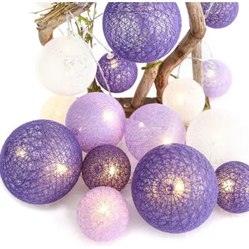 Vánoční dekorace ACA Lighting "vlněné baňky” fialová + bílá, 20 LED dekorační řetěz na baterie (3xAA) teplá bílá IP20 285+30cm čirý přívodní kabel X07201159