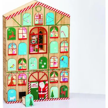 Vánoční dekorace ACA Lighting Vánoční dřevená dekorace adventní kalendář ve tvaru domu s dvířky 39x8.5x60cm X156006