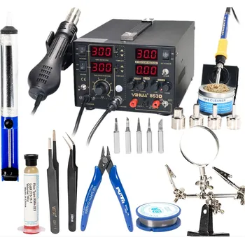 Páječka Sada pájecí stanice 853D 5A 30V + příslušenství (hroty, cín, tavidlo, odsávačka, pinzeta, rukojeť, kleště)
