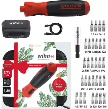 elektrický šroubovák Aku šroubovák Wiha speedE® PocketDrive. Vánoční edice s boxem na nástavce a pouzdrem (WIHA47183)