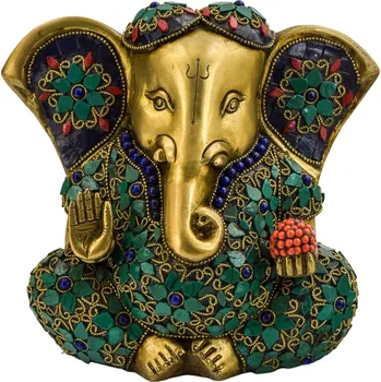 SANU BABU Ganéš, mosazná socha zdobená polodrahokamy, 18cm