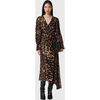 Dámské šaty Šaty s příměsí hedvábí AllSaints hnědá barva, midi, W102DD 88X, vel. 40