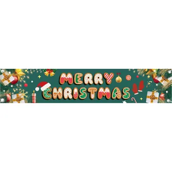 Vánoční dekorace Vánoční venkovní banner 200 x 40 cm Zelený látkový nápis Merry Christmas Odolná dekorace na plot, terasu a zahradu