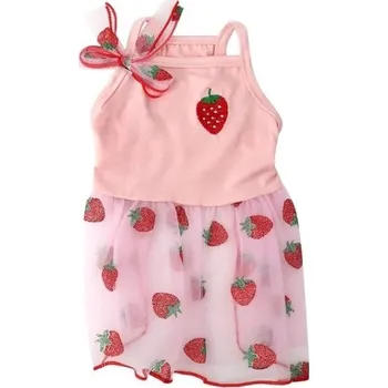 Obleček pro psa Růžové šaty pro psa s jahodovým vzorem Velikost XL pro psy 5–8 kg 48 cm hrudník 40 cm délka Elegantní letní obleček pro malé psy