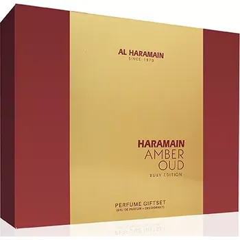 Kosmetická sada Al Haramain Amber Oud Ruby Edition dárková sada unisex parfémovaná voda 75 ml + parfémovaná voda 30 ml + deosprej 200 ml