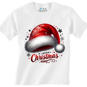 Dívčí tričko Dětské tričko Vánoční Santova Čepice (Velikost: 5-6, Barva: Bílá)
