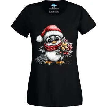 Dámské tričko Dámské tričko Vánoční Tučňák s Květinou (Velikost: XL, Barva: Černá)