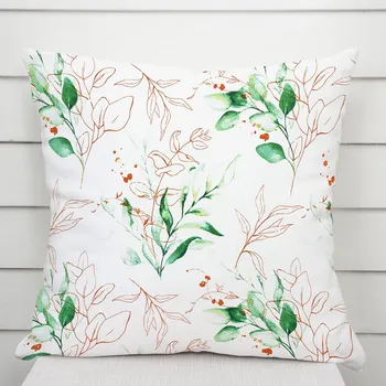 Povlak na dekorativní polštářek Bavlněný povlak na polštář Sandra SA-706 Zeleno-hnědé větvičky s lístky na bílém 50 x 60 cm