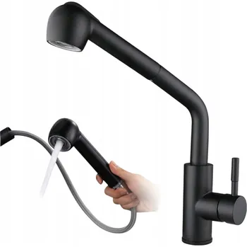 Vodovodní baterie KUCHYŇSKÁ BATERIE ČERNÁ S VYTÁHNOU SPRCHOU KOHOUTEK DO DŘEZU VYSOKÝ MATNÝ