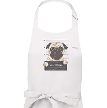 Kuchyňská zástěra Mops - Bad Puggy - Pánská zástěra na vaření - Univerzální velikost ( Bílá )