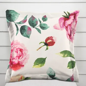 Povlak na polštářek Bavlněný povlak na polštář s lemem Sandra SA-715 Velké růžovočervené pivoňky na smetanovém 50 x 60 cm