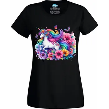 Dámské tričko Jednorožec v Květinovém Snu (Velikost: 4XL, Barva: Černá)