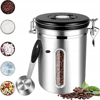 Dóza na potraviny PLECHOVKA NÁDOBA NA ČAJOVOU KÁVU HERMETICKÁ VAKUOVÁ OCEL 1.8 L + LŽÍCE