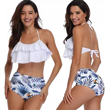 Dámské plavky Dvoudílné dámské plavky BIKINI s volánkem a vysokým pasem, bílé, velikost M