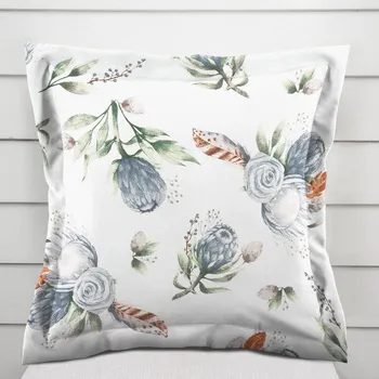 Povlak na polštářek Bavlněný povlak na polštář s lemem Sandra SA-707 Modré květy Protea na bílém 50 x 60 cm