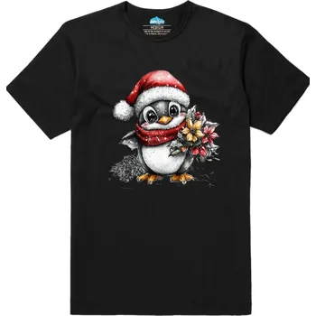 Pánské tričko Pánské tričko Vánoční Tučňák s Květinou (Velikost: L, Barva: Černá)