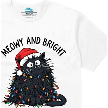 Pánské tričko Pánské tričko Vánoční Kočka Meowy and Bright (Velikost: M, Barva: Bílá)